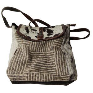 Myra Bag Brown Canvas Flap Messenger Backpack Cow Print Western Woven